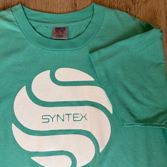 Oneita Graphic T-Shirt Syntex Logo Green XL USA Made Single Stitch 50/50 Blend - Picture 2 of 7